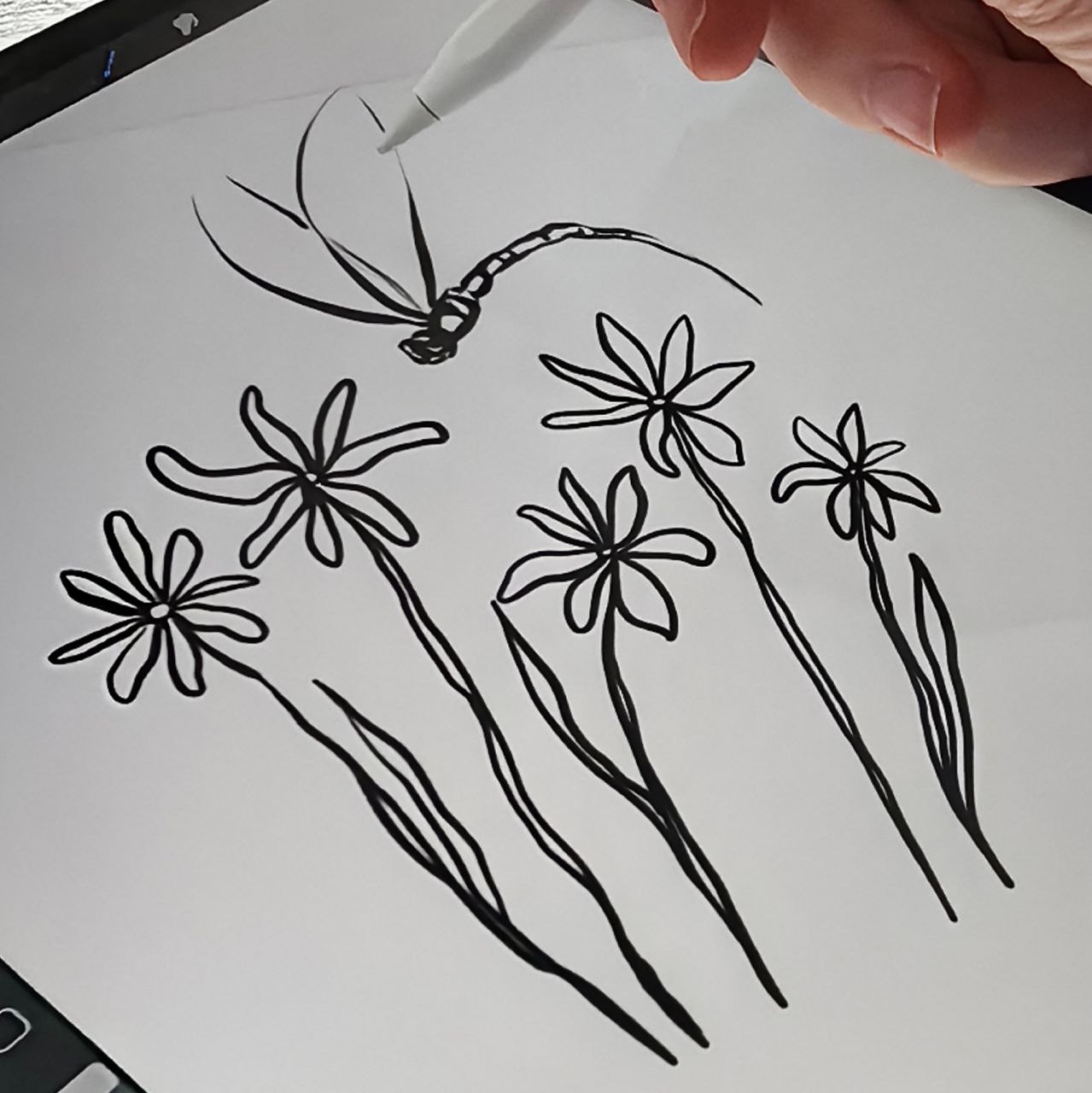 свободный эскиз цветы и стрекоза в стиле графика